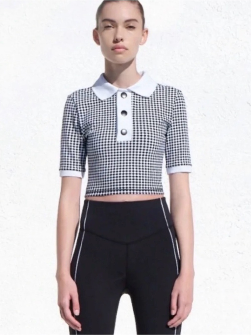 IVL Collective Cropped Checkered Polo Top with Contrast Collar - Black & White